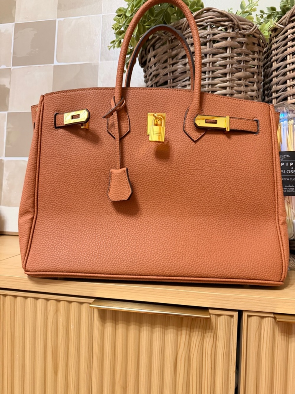 Structured Tan Leather Tote Bag with Gold Hardware